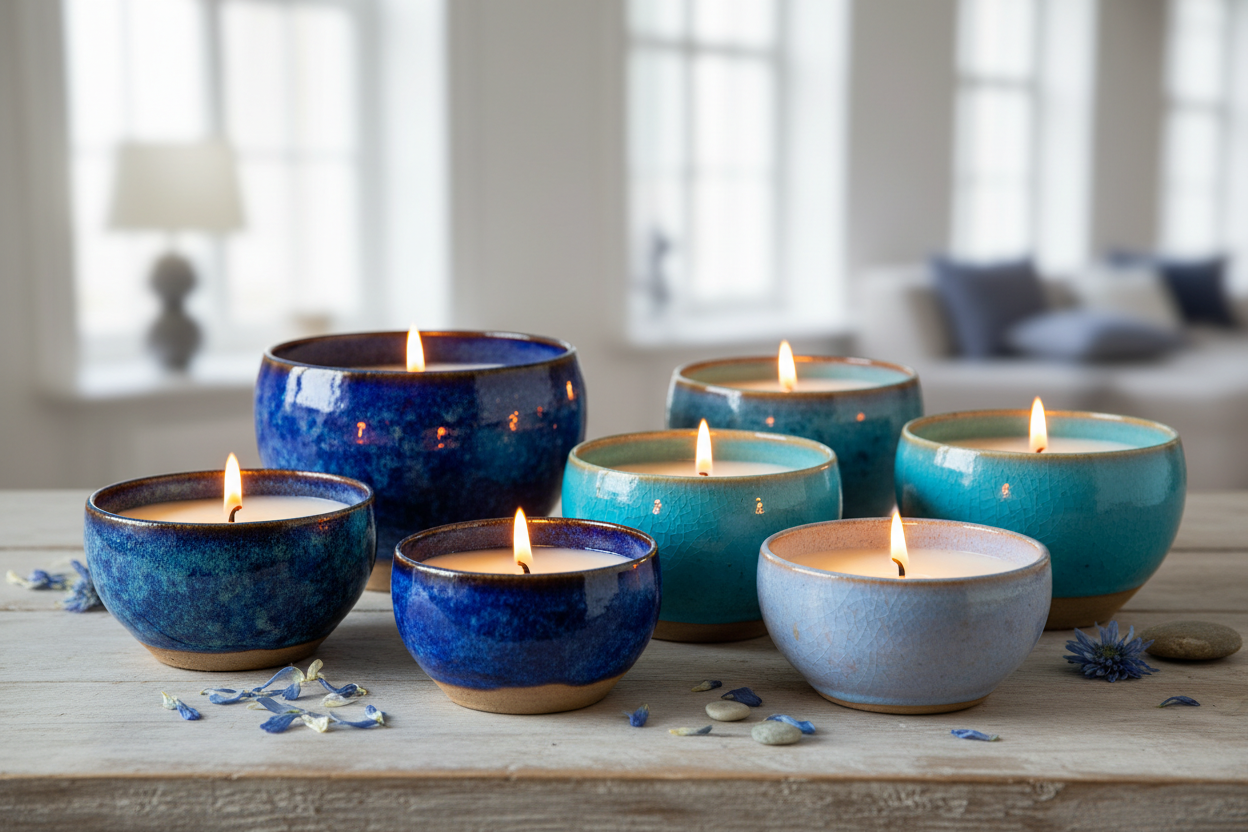 blue pottery bowl candles